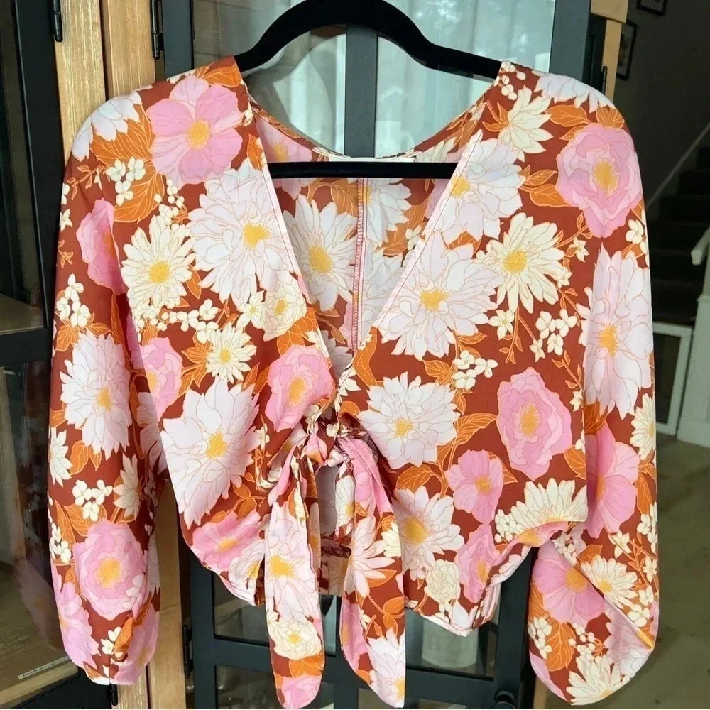 Lulus tie front bow top long sleeve vneck floral rust pink lush batwing balloon